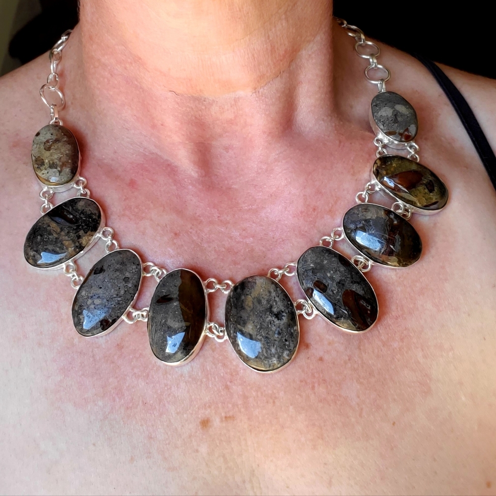 New Amazing Oversized Rock Fossil Silver Statement Necklace.